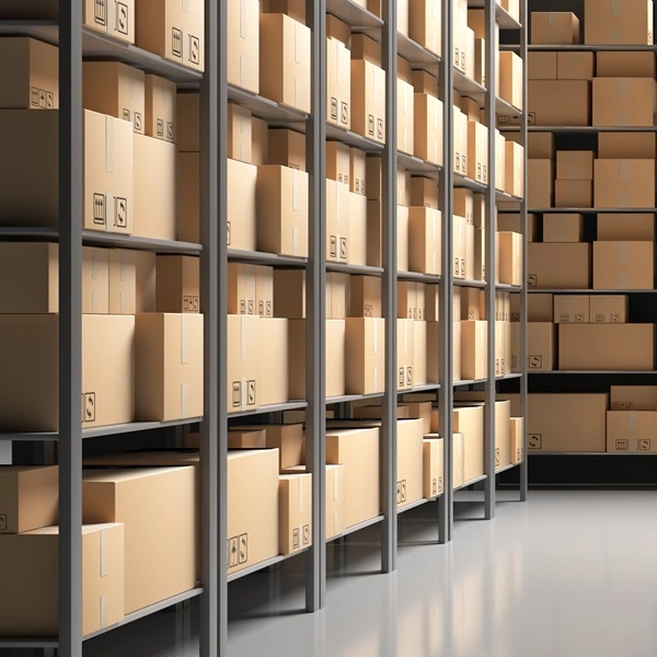 cardboard boxes on storage warehouse shelves backg 2023 11 27 05 32 53 utc